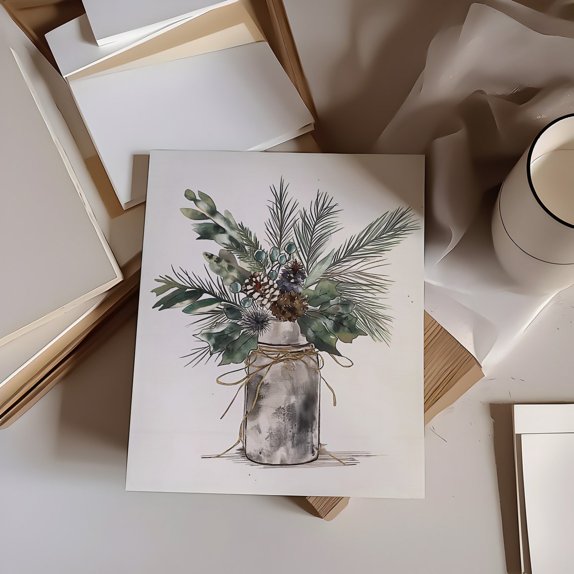 Winter Botanical Bouquet Watercolor Christmas Greenery Jar Art Print - Image 2
