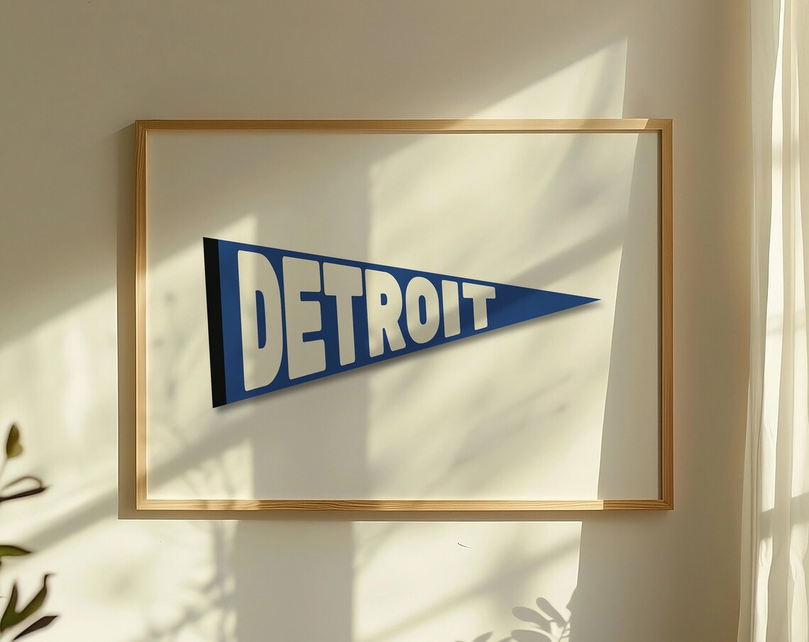 Detroit Blue Pennant Flag Minimalist Michigan Sports Fan Poster