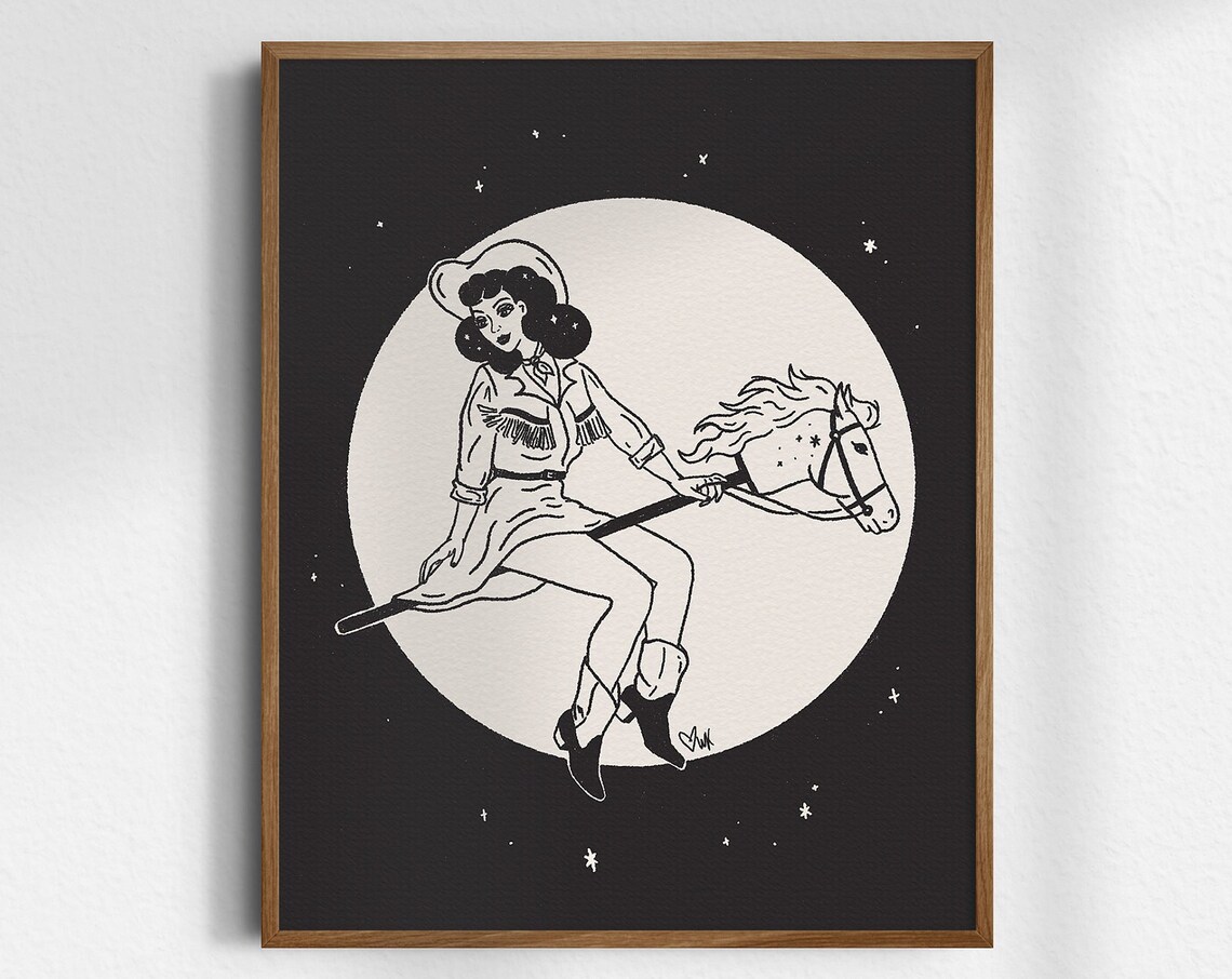 Cowgirl Witch On Hobby Horse Full Moon Black Night Art Poster