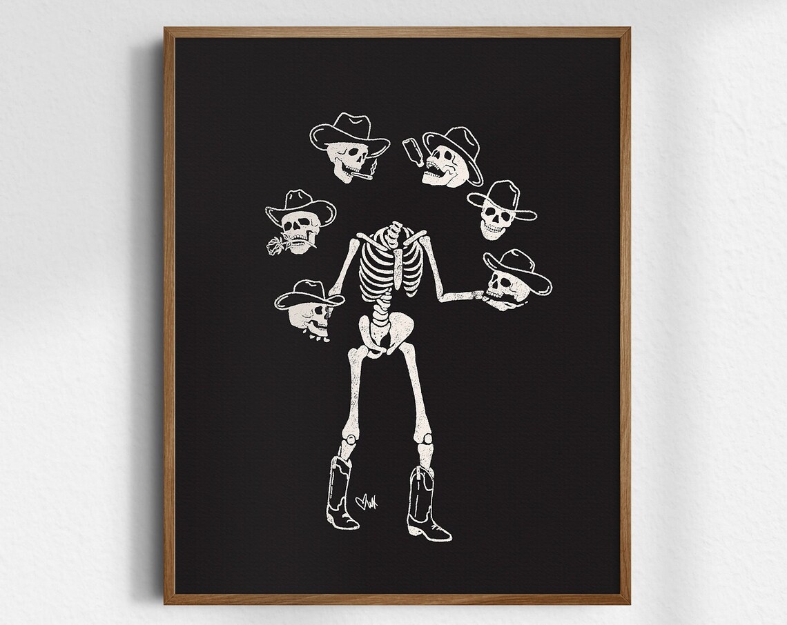 Goth Cowboy Skeleton Juggling Skulls Boots Western Black Poster