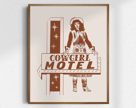 Cowgirl Motel Retro Roadside Sign Vintage Brown Western Poster Art