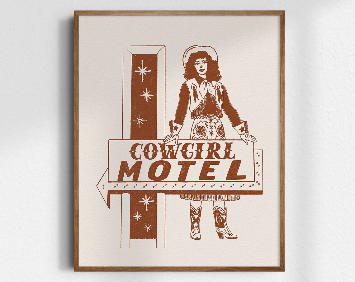 Cowgirl Motel Retro Roadside Sign Vintage Brown Western Poster Art