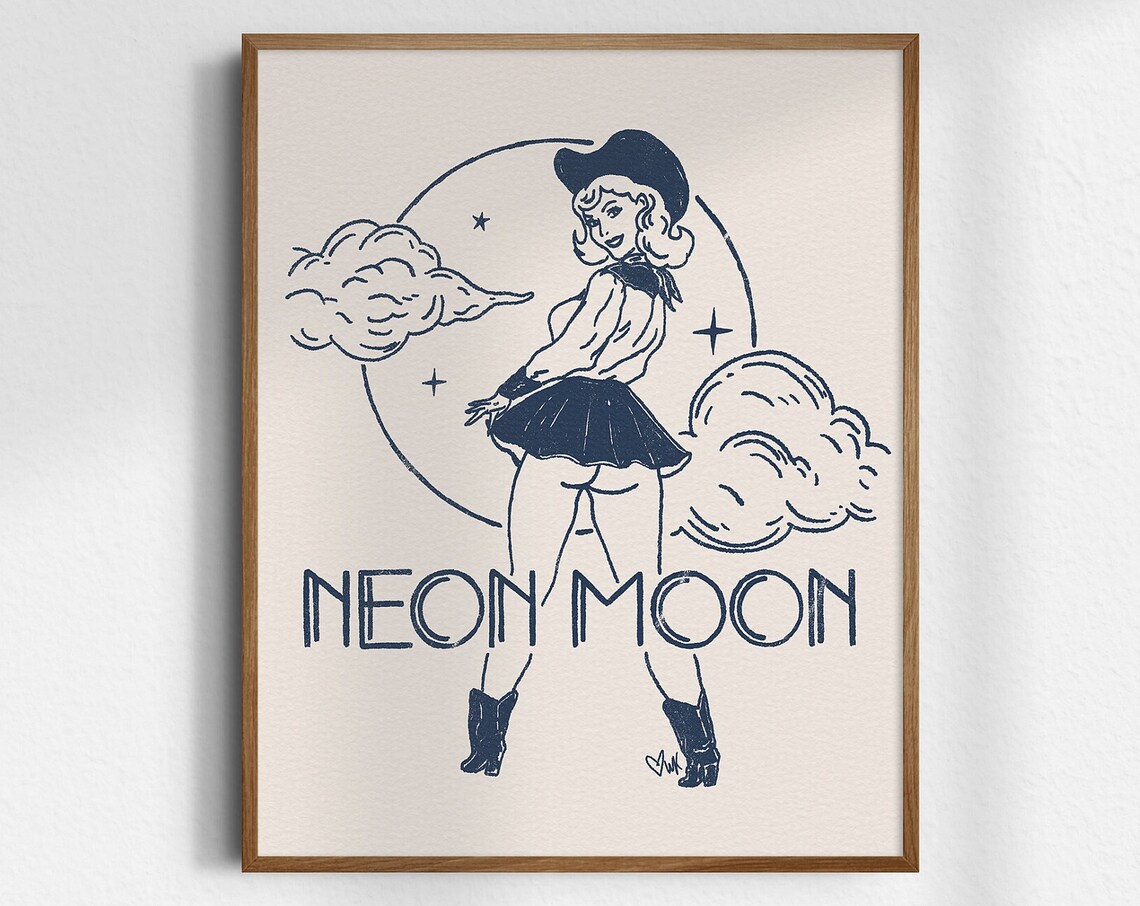Neon Moon Navy Line Art Cowgirl Moonlight Retro Western Poster