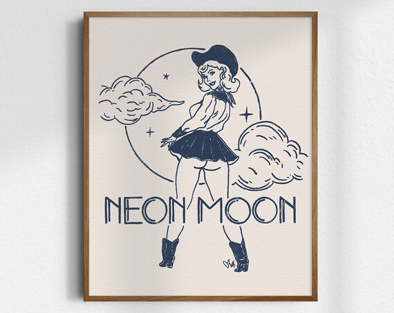 Neon Moon Navy Line Art Cowgirl Moonlight Retro Western Poster