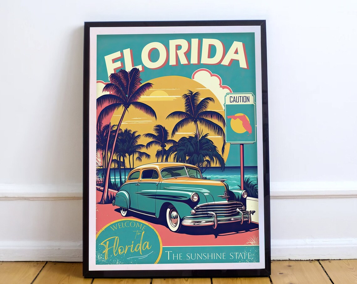 Florida Sunset Retro Travel Poster, Vintage Travel Poster