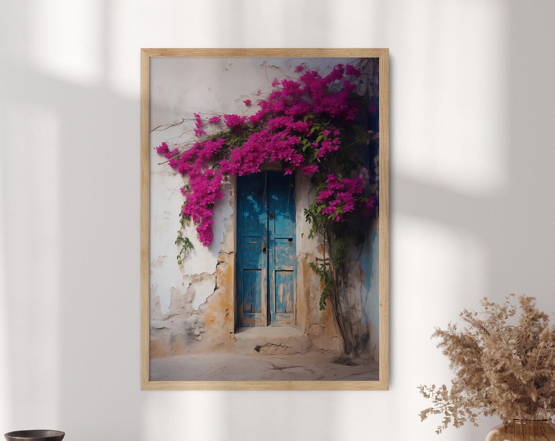 Blue Door With Bougainvillea Flowers, Vintage Floral Art