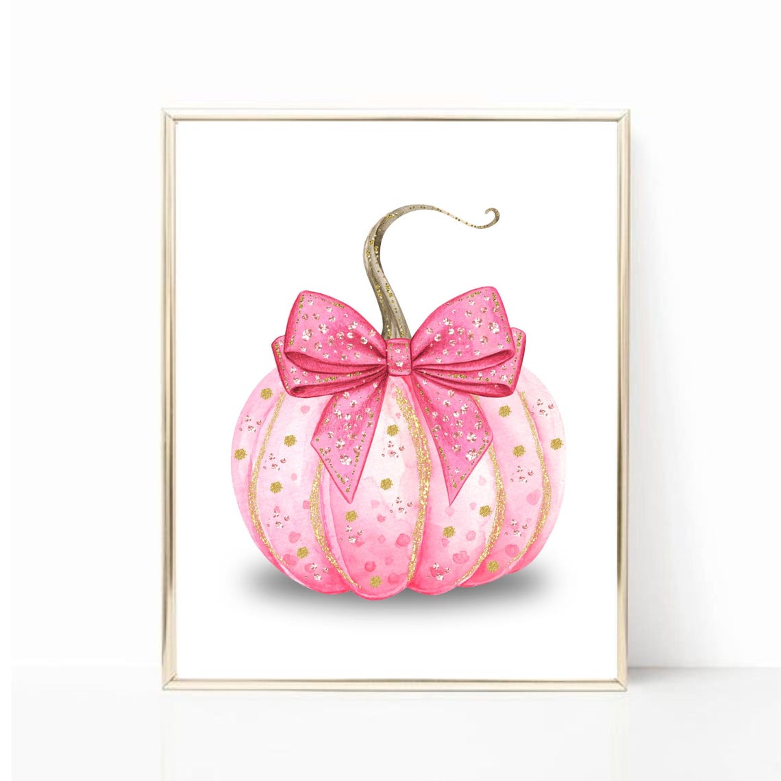 Pink Halloween Pumpkin Sparkle Bow Fall Watercolor Nursery Art Poster - Image 3