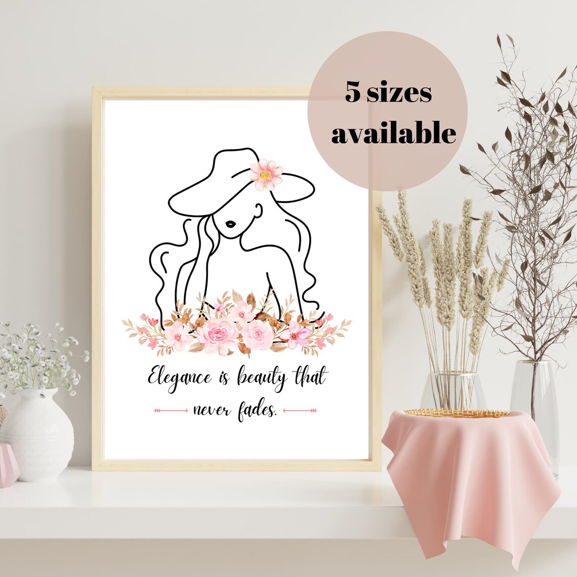 Elegance Is Beauty That Never Fades Line Art Woman Hat Floral Quote Poster - Image 3