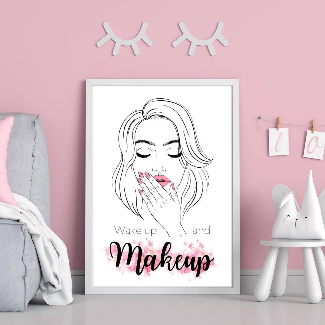 Wake Up And Makeup Line Art Woman Face Beauty Salon Quote Poster Pink - Image 2