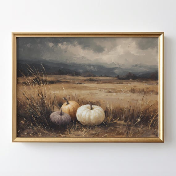 Pumpkins In Golden Field Moody Stormy Sky Autumn Landscape Art Print