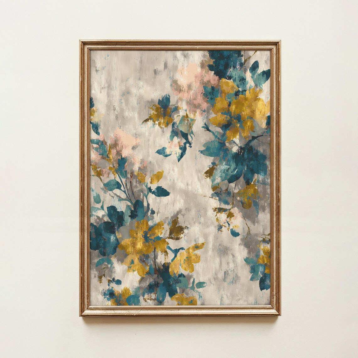 Abstract Floral Teal Mustard Blush Modern Farmhouse Wall Art