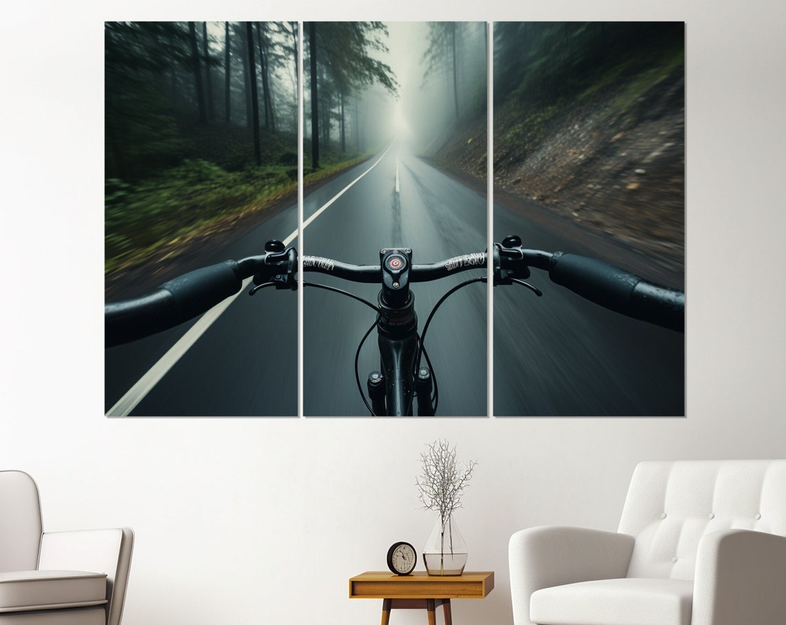 POV Bicycle Ride Misty Forest Road Triptych Cycling Wall Art Poster