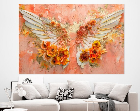 3D Angel Wings Orange Flowers Coral Texture Dreamy Feminine Wall Poster