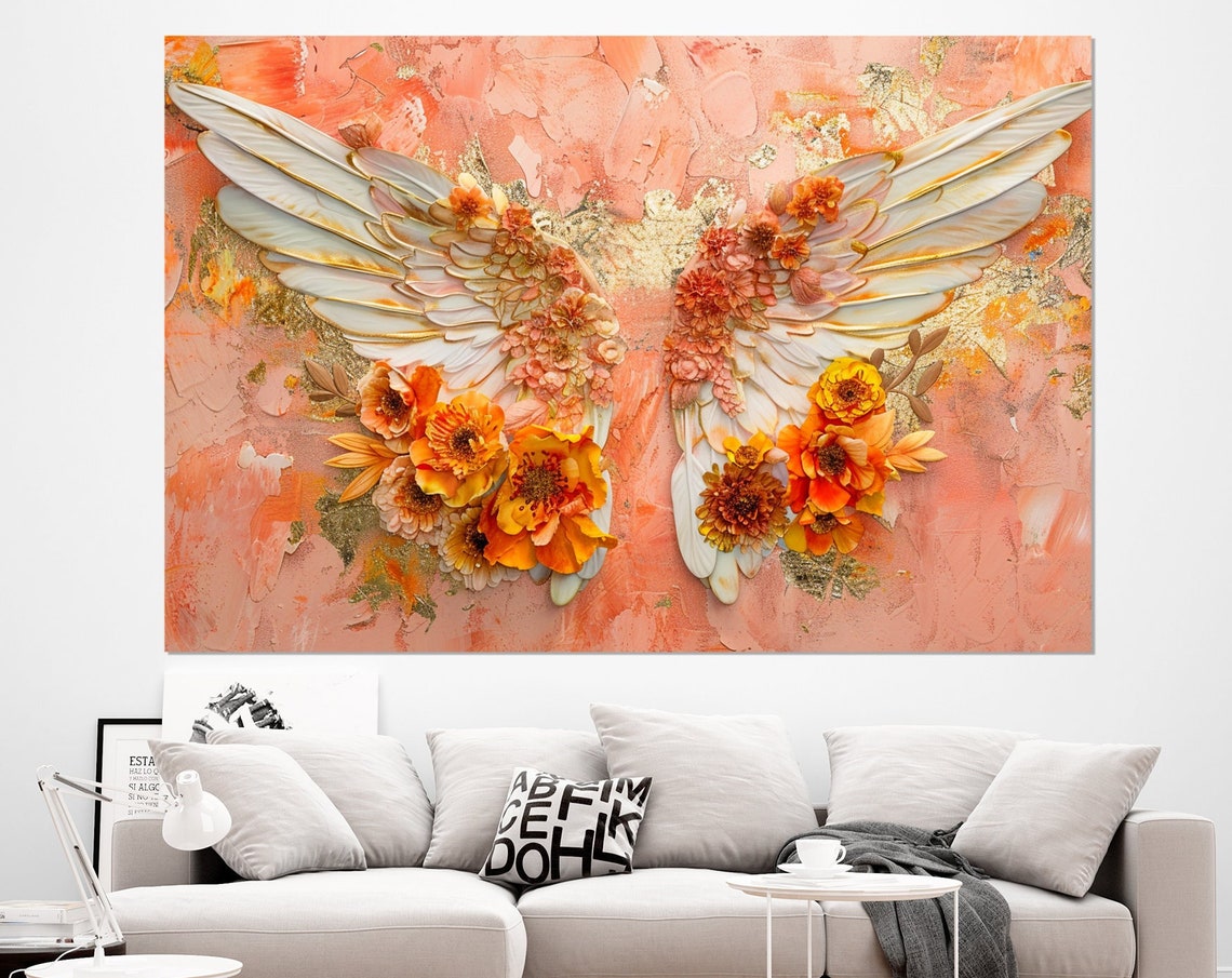 Angel Wings Painting Print Roman Catholic Wall Art Angel Wings In Flowers Painting Religious Wall Art Framed And Ready To Hang