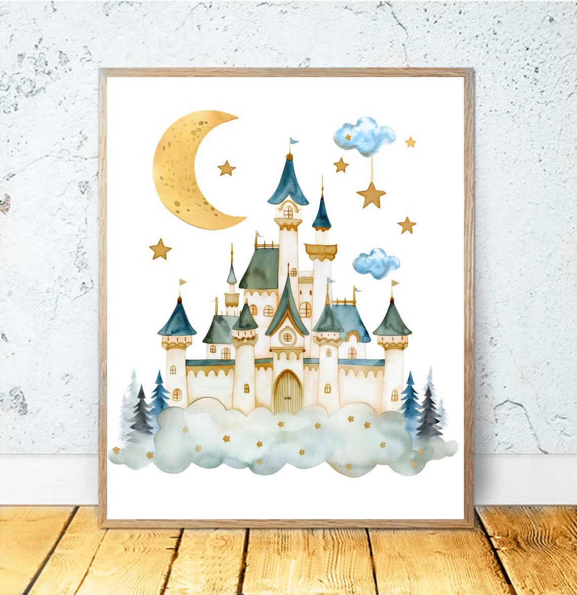 Watercolor Castle Under Crescent Moon With Stars Fantasy Art Poster