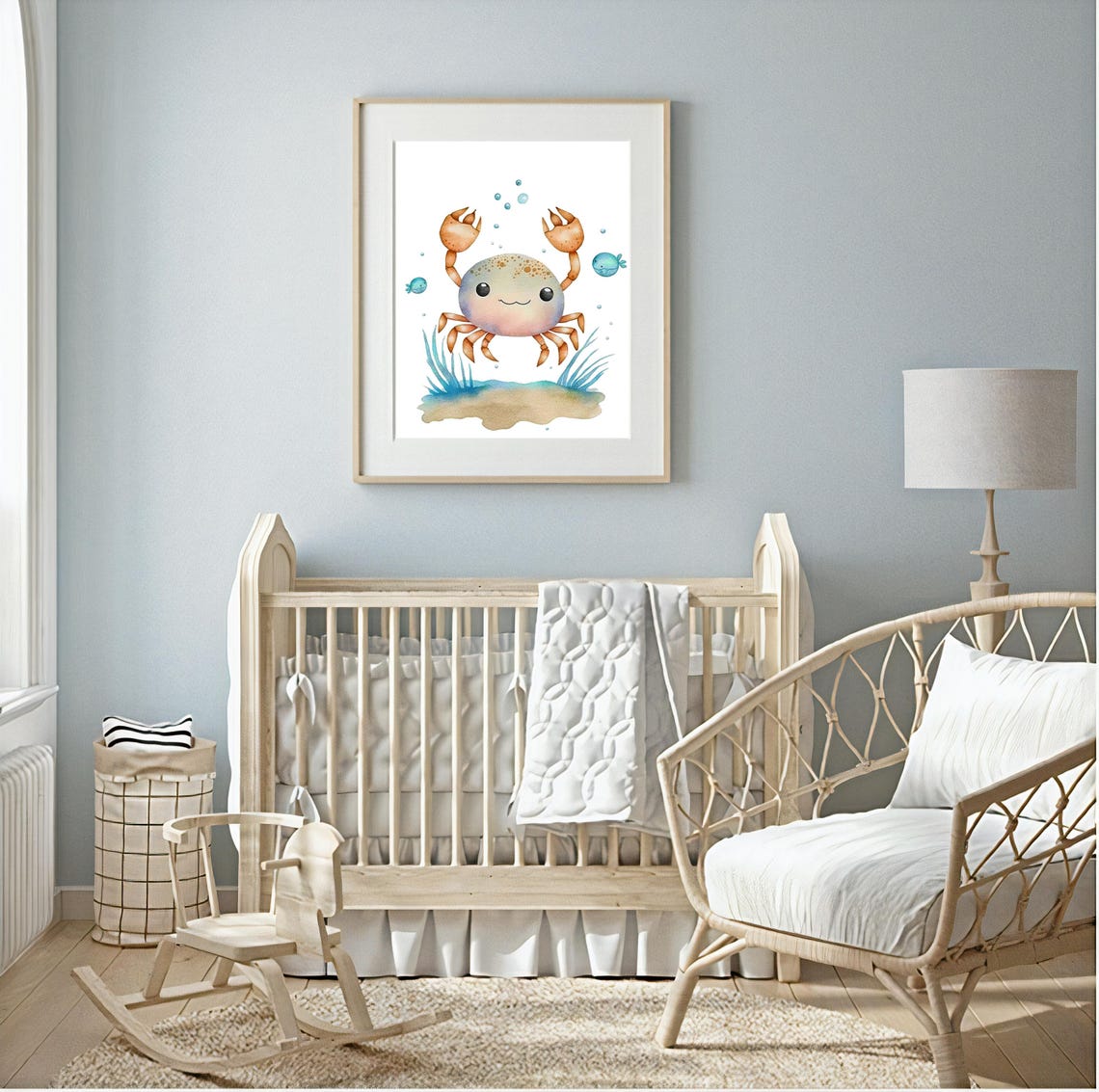 Cute Crab With Claws Up And Little Fish Nursery Ocean Art Poster - Image 2