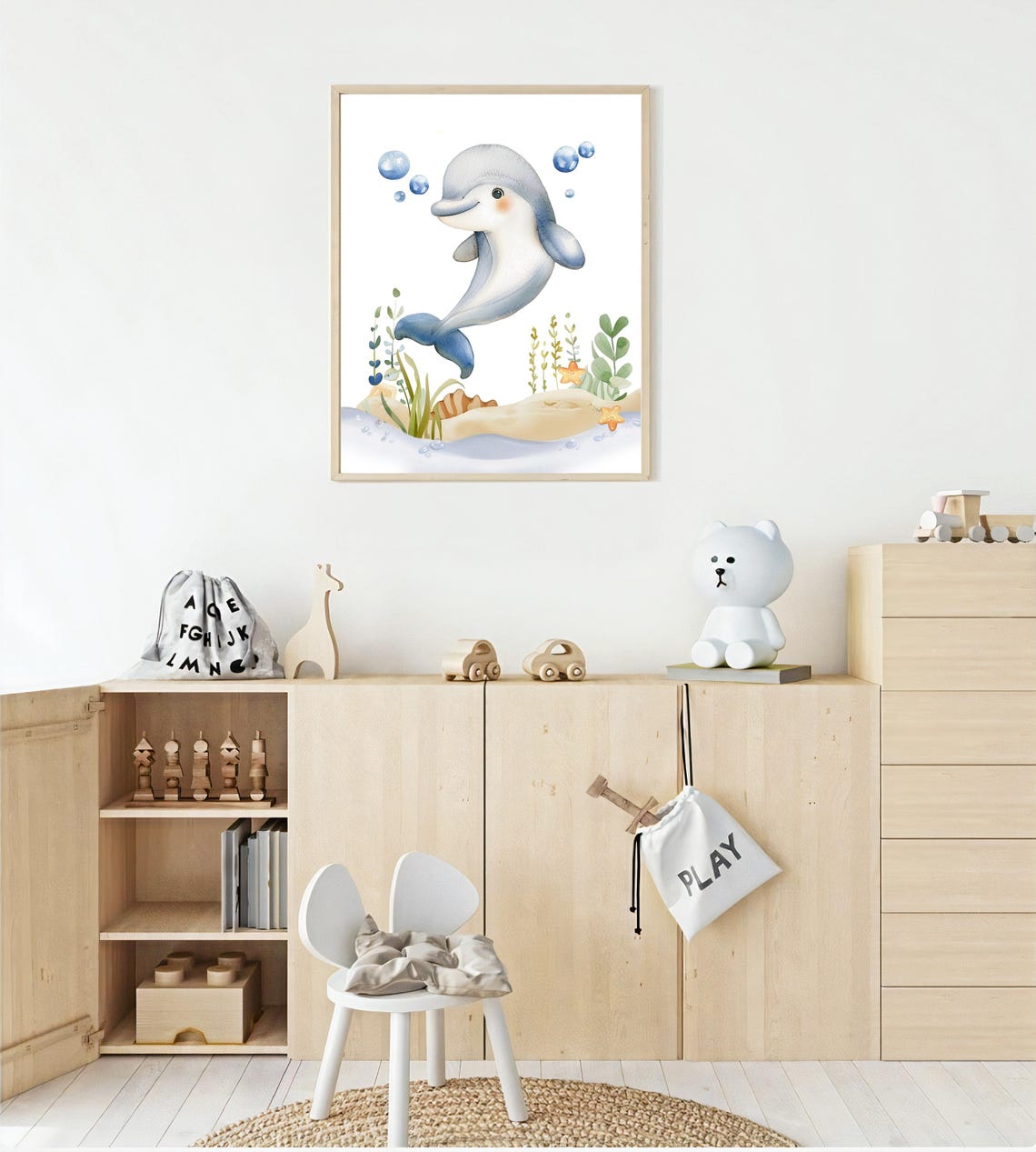 Baby Dolphin Leaping With Bubbles Over Sandy Seabed Nursery Poster - Image 3