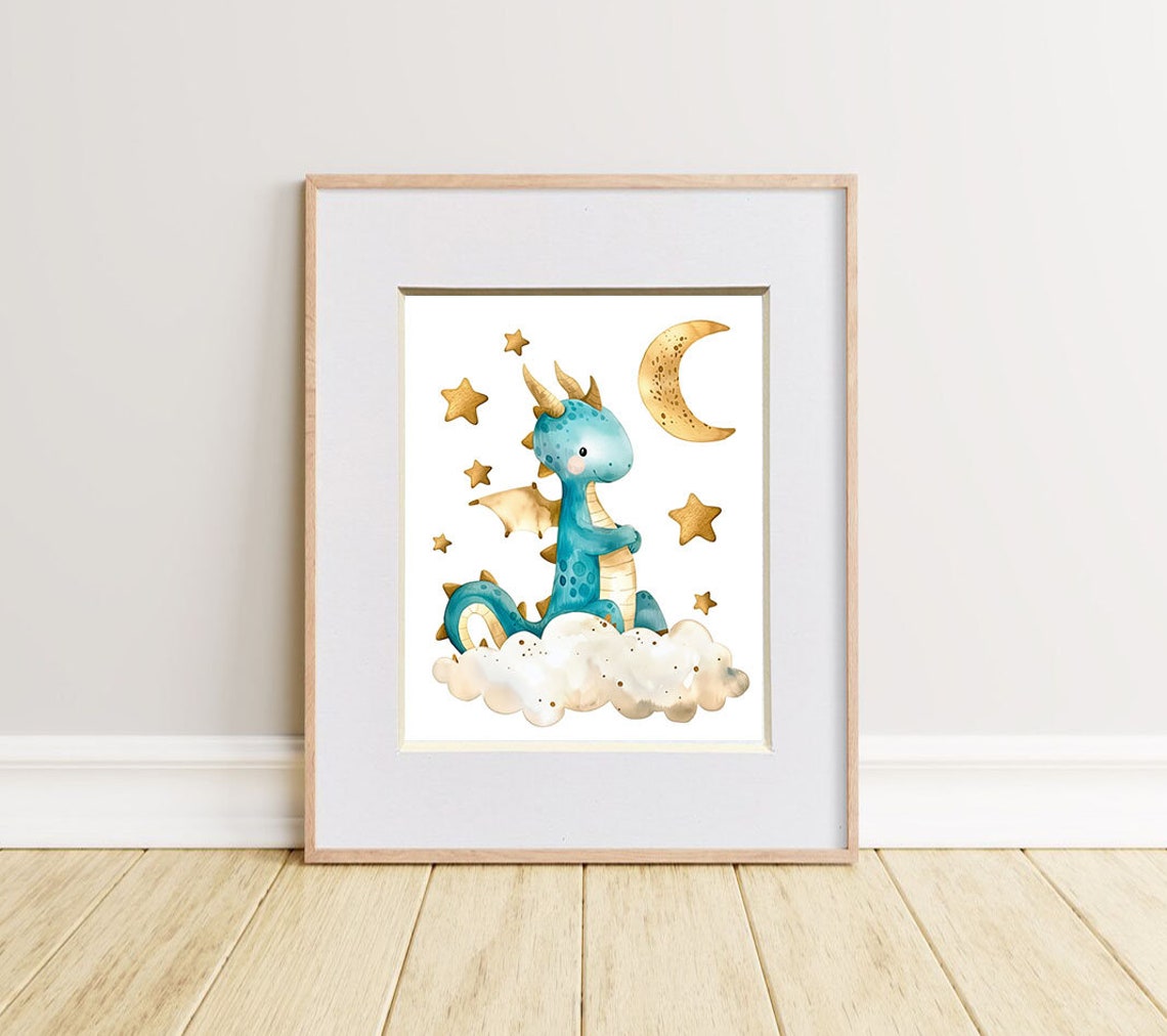 Teal Baby Dragon Sitting On Cloud With Stars Night Sky Art Poster - Image 3