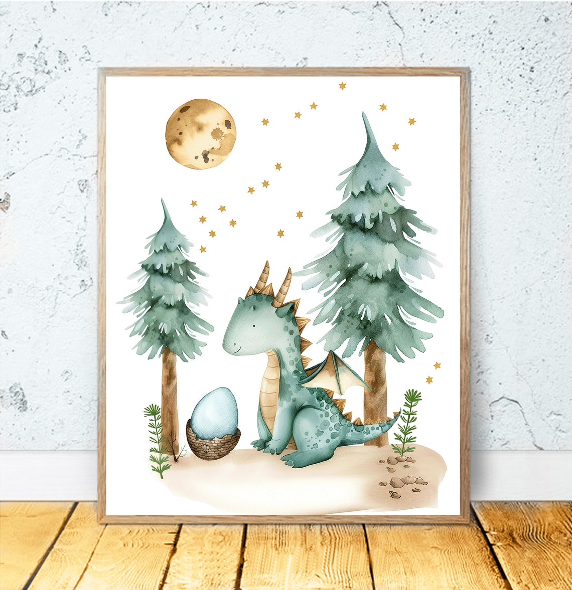 Mother Dragon With Egg Under Moon And Stars Nursery Dragon Poster