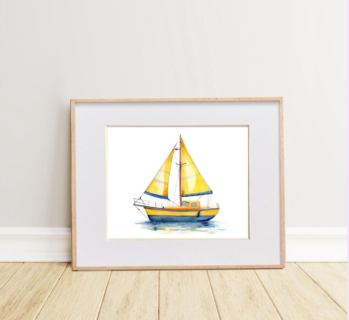 Yellow Sailboat With Golden Sails On Calm Water Nautical Art Poster - Image 2
