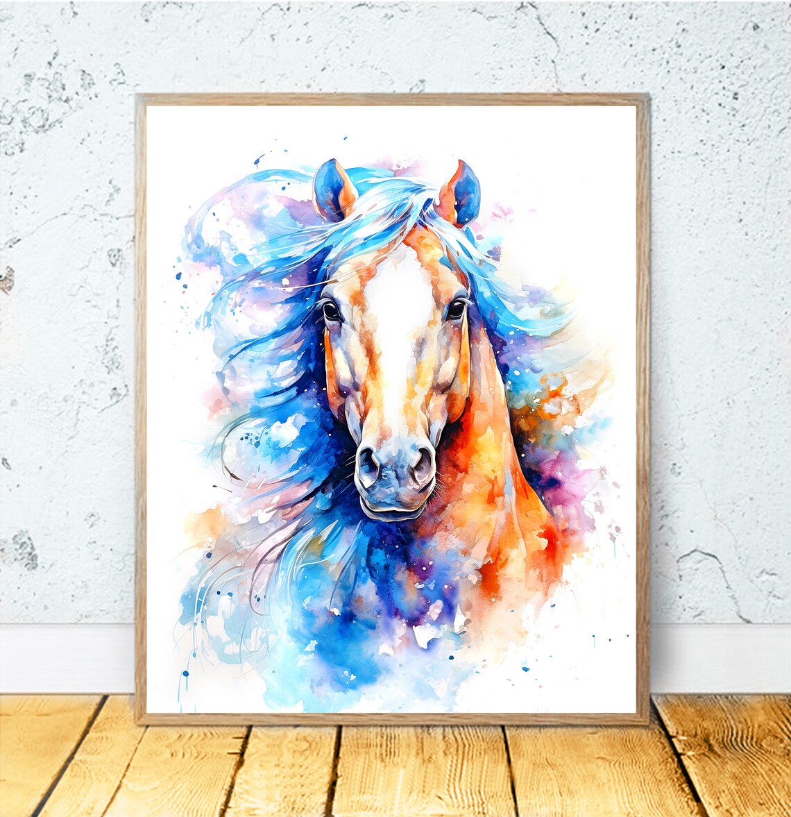 Horse Head In Blue And Orange Watercolor Splash Equine Art Poster
