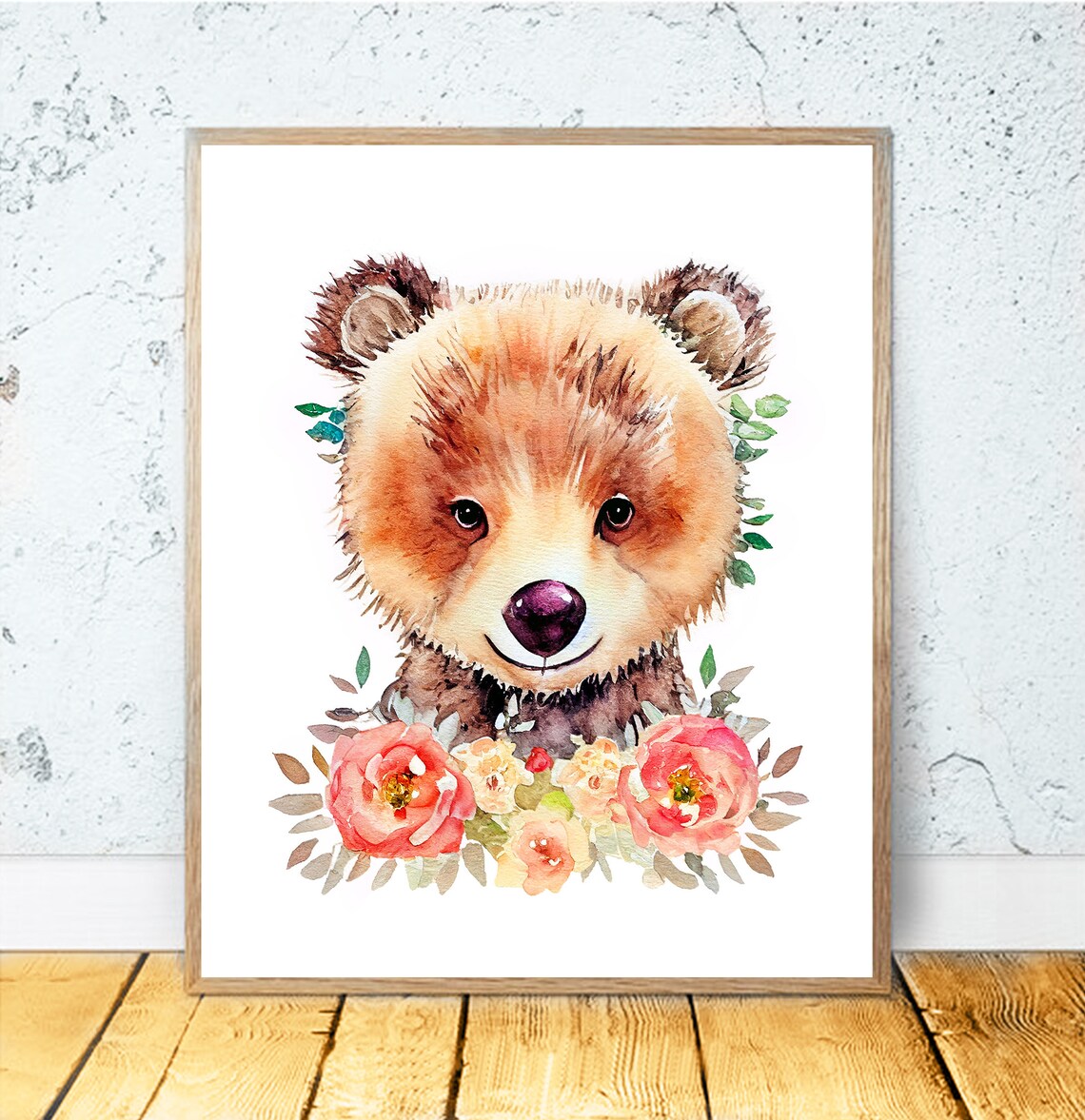 Baby Bear Cub With Pink Flowers Watercolor Nursery Animal Poster