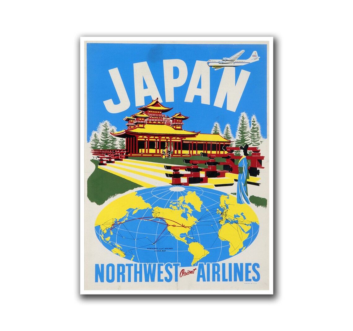 Vintage Japan Northwest Orient Airlines Travel Poster Temple And Globe