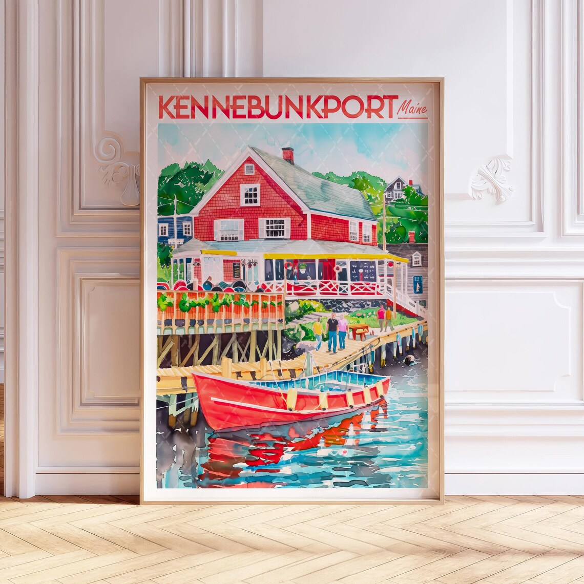Kennebunkport Maine Harbor Watercolor Travel Poster With Red Fishing Boat