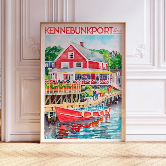 Kennebunkport Maine Harbor Watercolor Travel Poster With Red Fishing Boat