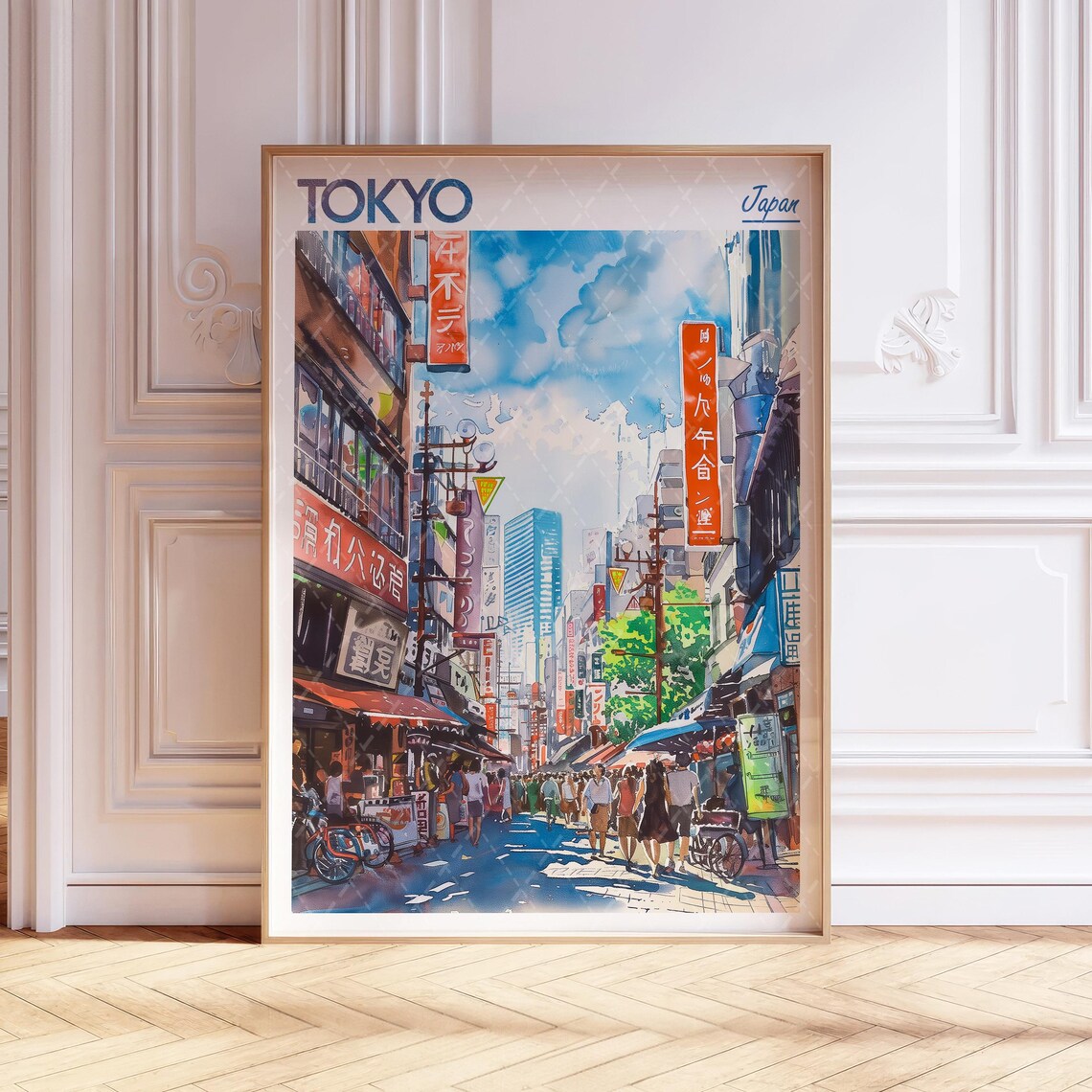 Tokyo Japan Watercolor Street Scene Travel Poster Neon Signs Crowd