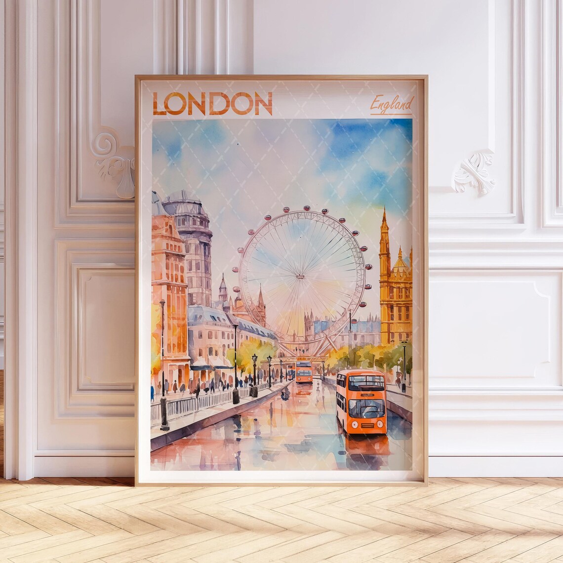 London England Watercolor Travel Poster with London Eye and Red Bus