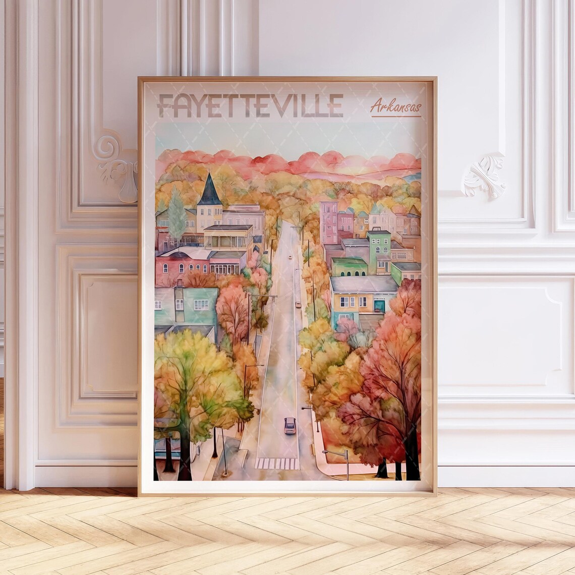 Fayetteville Arkansas Autumn Watercolor Street Travel Poster