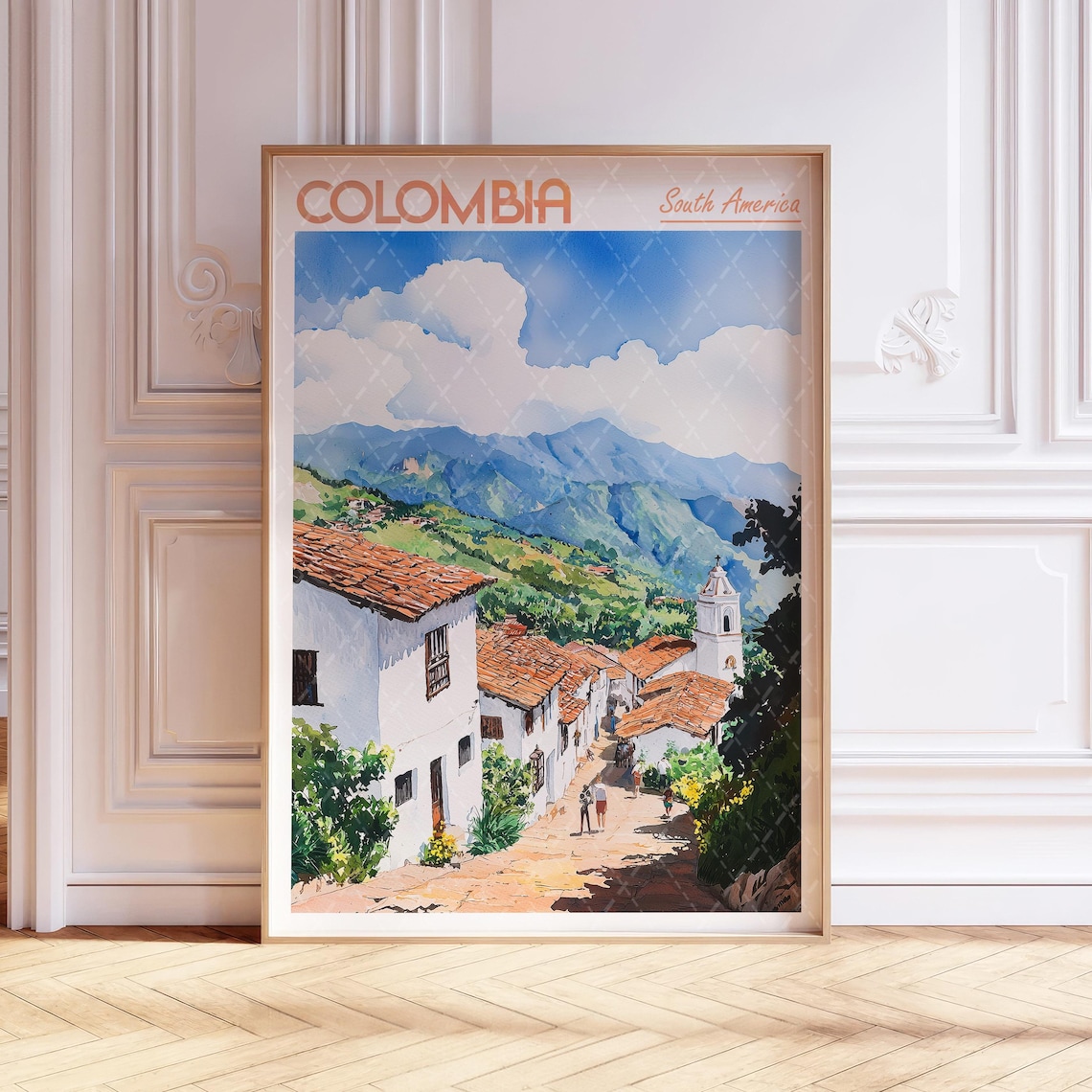 Colombia Colonial Mountain Village Watercolor South America Poster