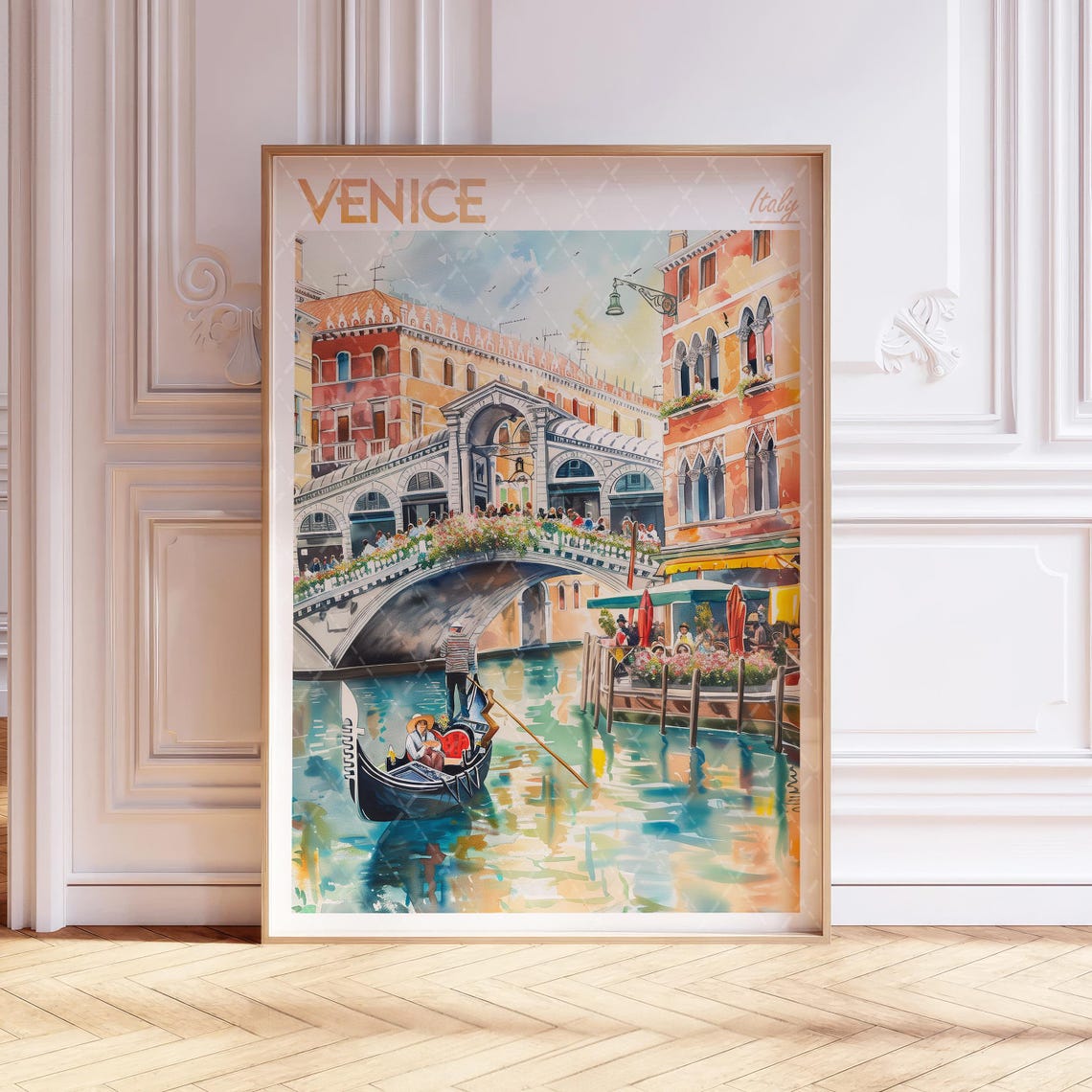 Venice Watercolor Travel Poster with Rialto Bridge and Gondola