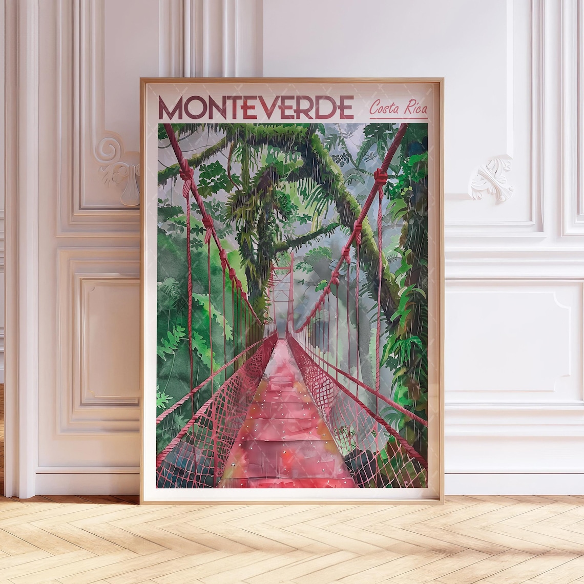 Monteverde Costa Rica Cloud Forest Bridge Watercolor Travel Poster