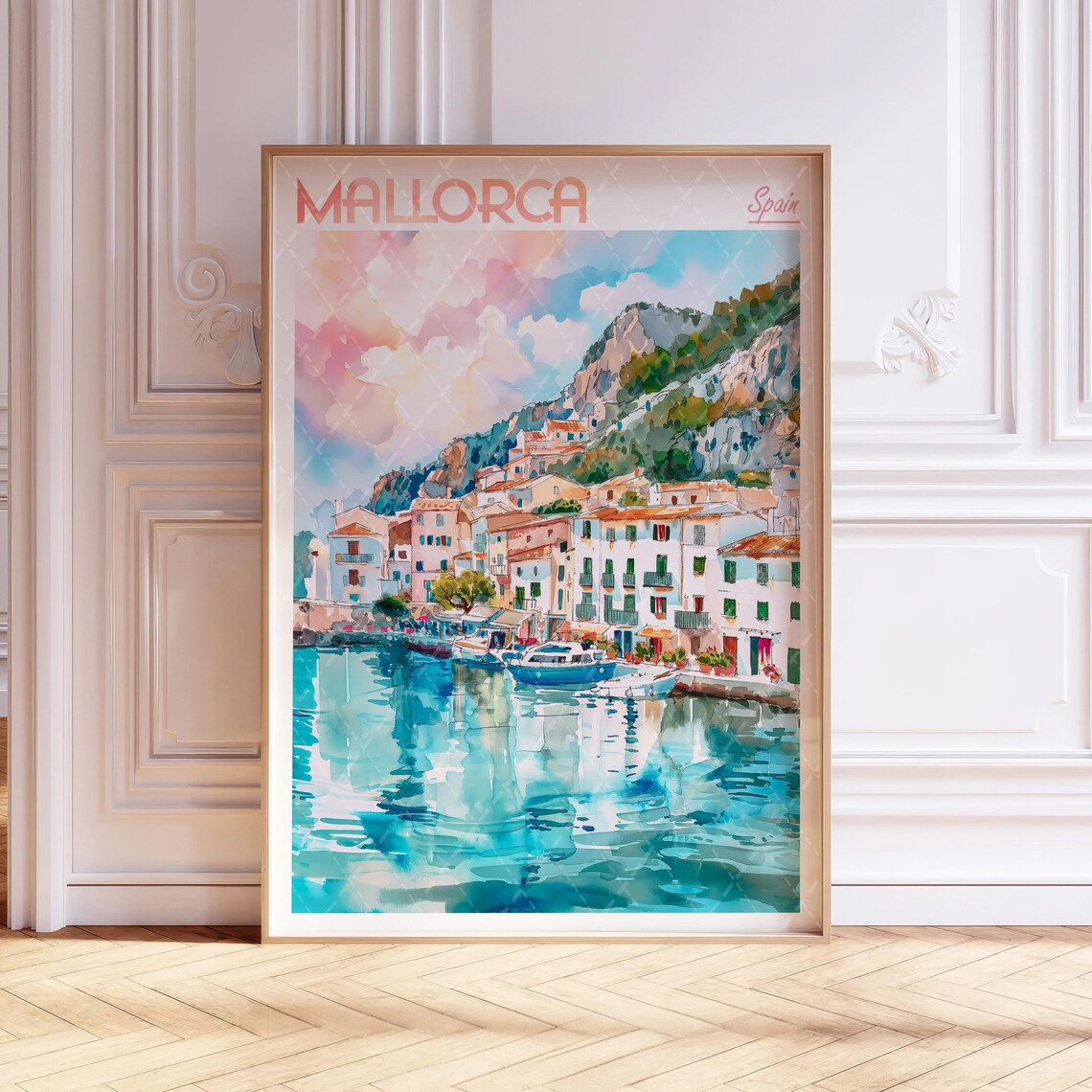 Mallorca Spain Harbor Town Watercolor Travel Poster With Boats