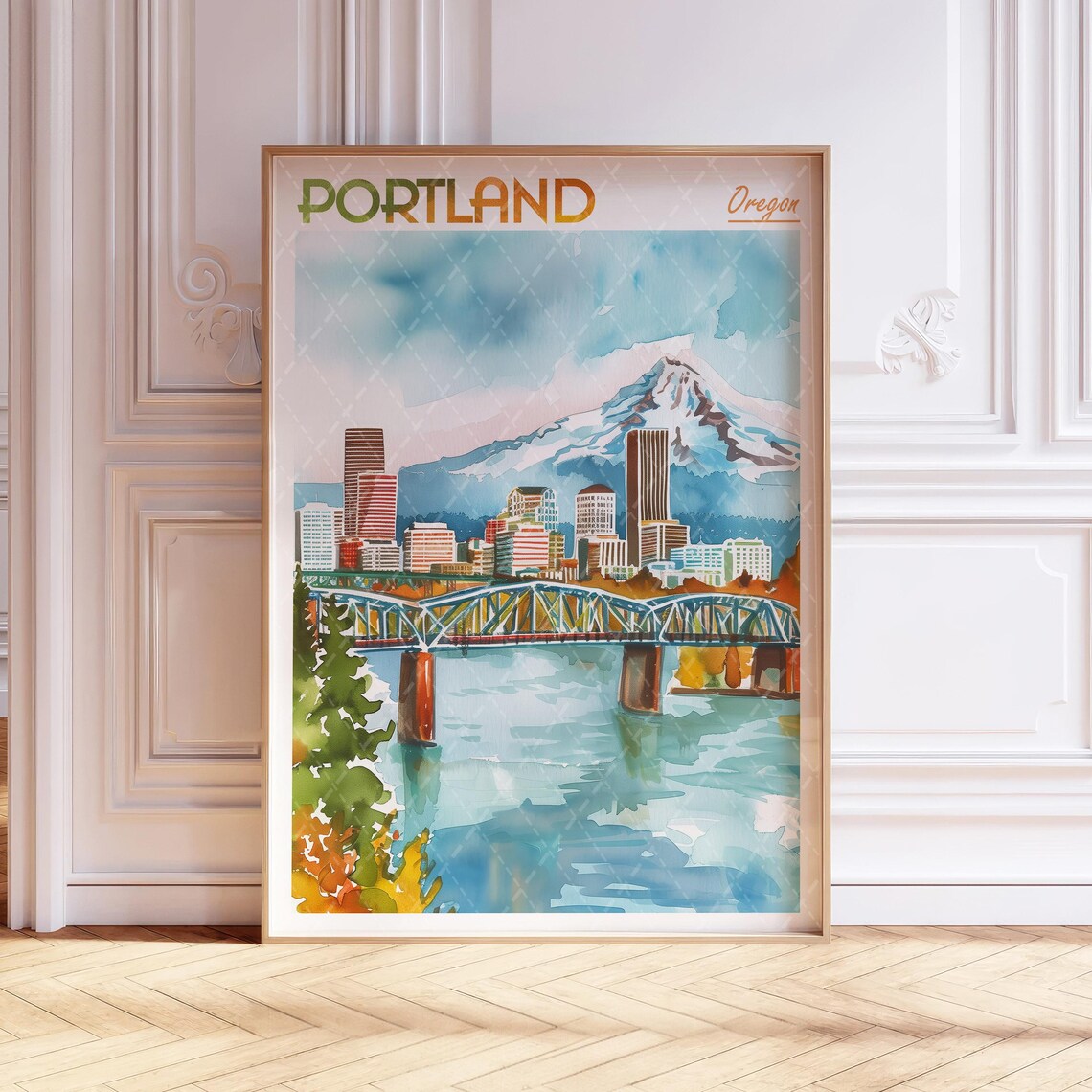 Portland Watercolor Travel Poster, Oregon USA