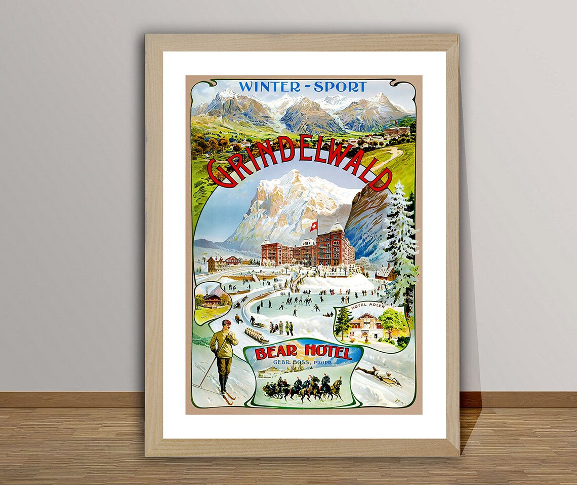 Grindelwald Bear Hotel Suisse Vintage Travel Poster