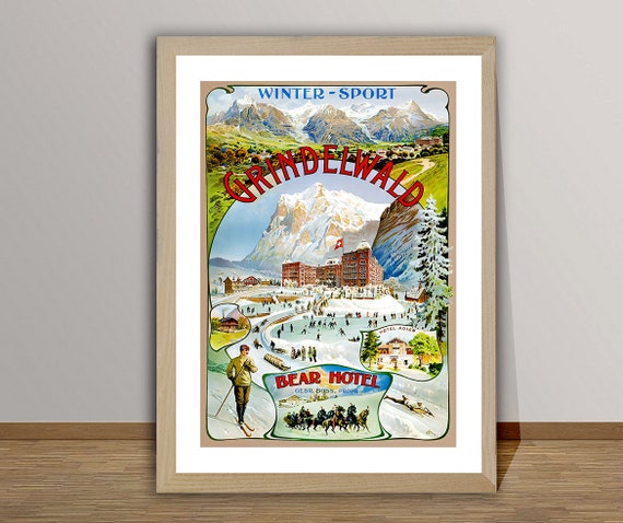 Grindelwald Bear Hotel Suisse Vintage Travel Poster