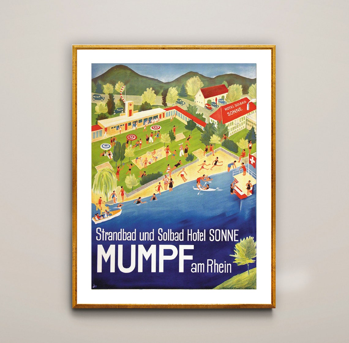 Hotel Sonne Mumpf am Rhein Beach Resort Vintage Travel Poster