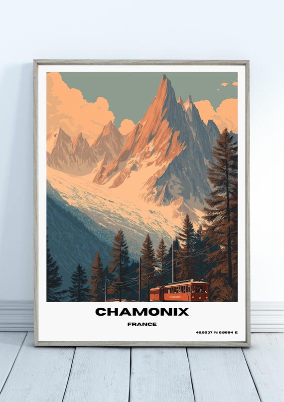 Alpine Chamonix France Alps Mountain Train Vintage Travel Poster