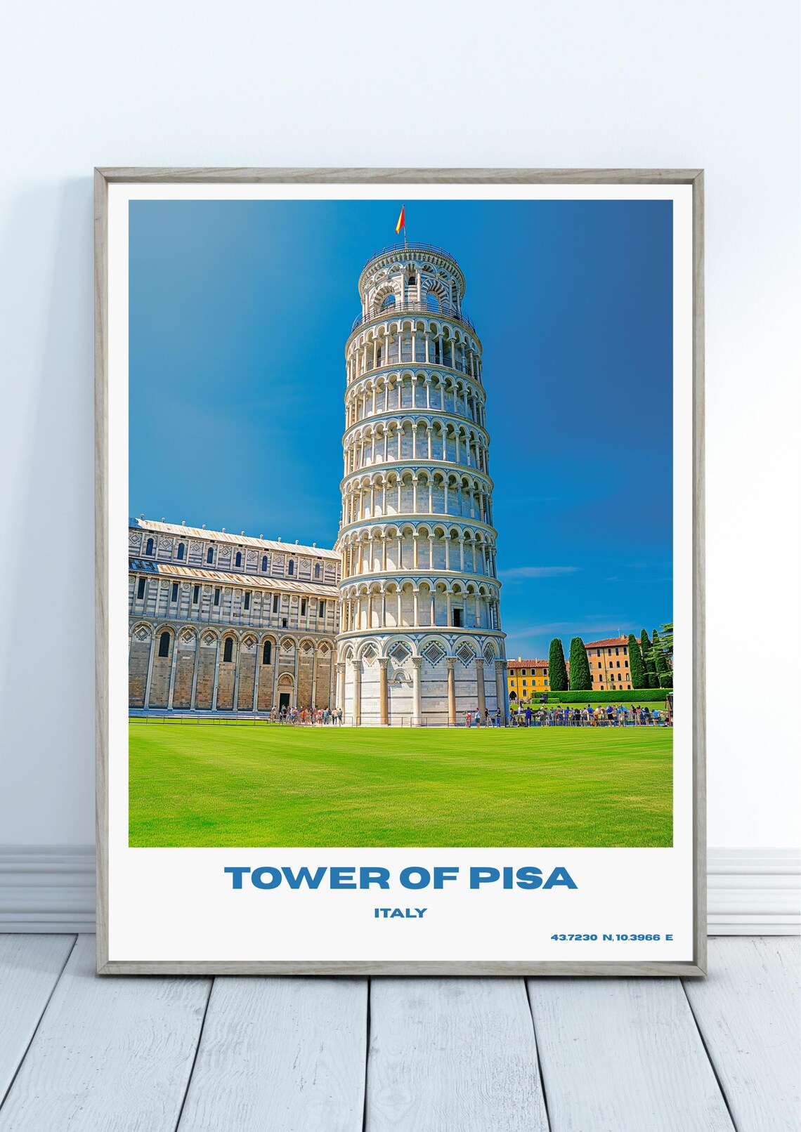Tower of Pisa Italy Landmark Bright Blue Sky Vintage Travel Art Poster