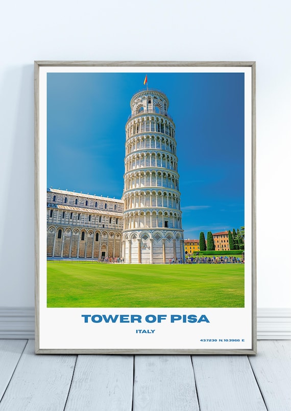 Tower of Pisa Italy Landmark Bright Blue Sky Vintage Travel Art Poster