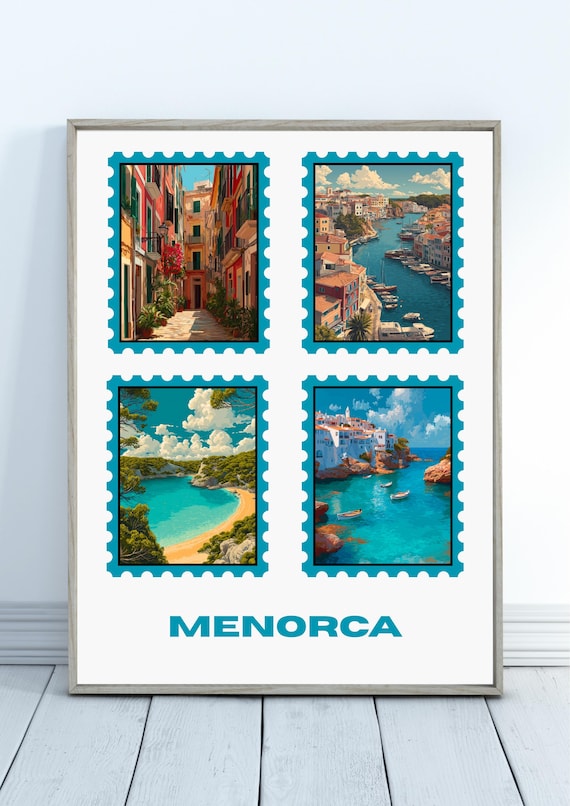 Menorca Spain Travel Poster with Four Vintage Postage Stamp Beach Scenes