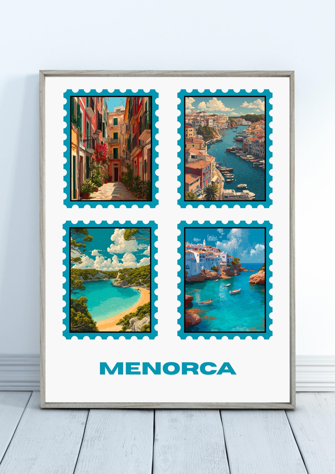 Menorca Spain Travel Poster with Four Vintage Postage Stamp Beach Scenes