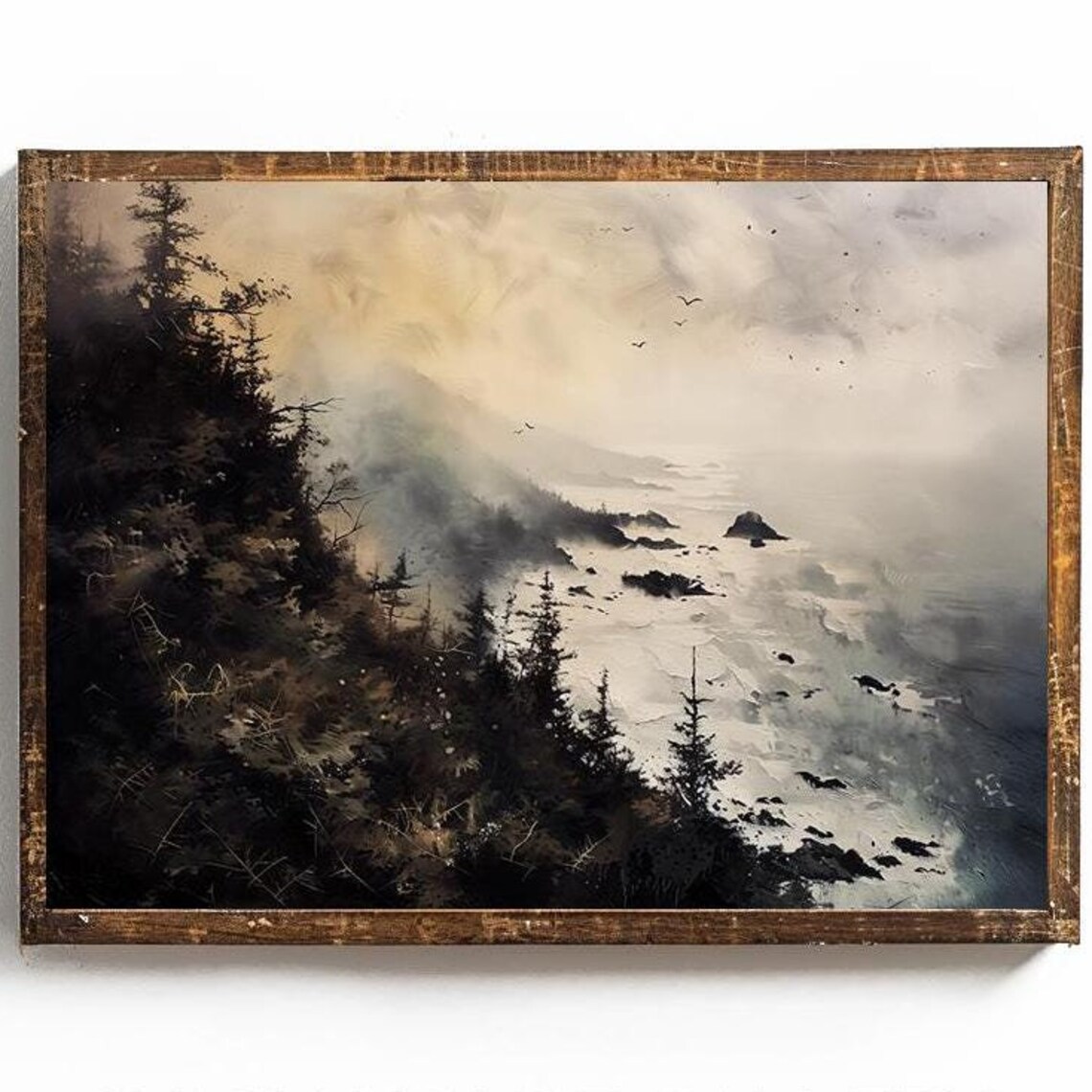 Moody Foggy Coastline with Pine Cliffs and Distant Seabirds Poster