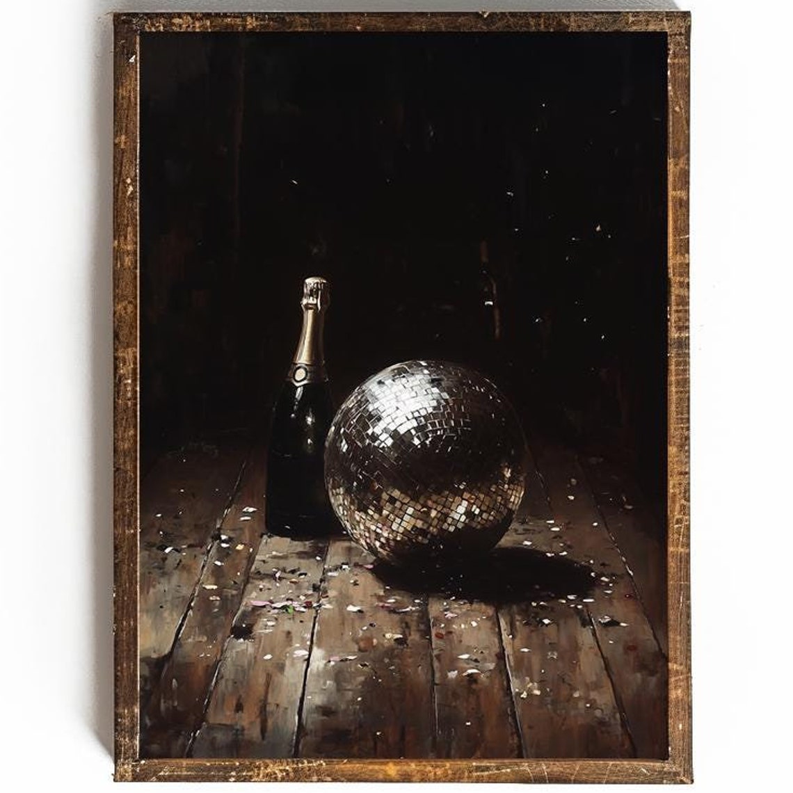 Disco Ball Champagne Bottle on Wood Floor Dark Moody Wall Poster