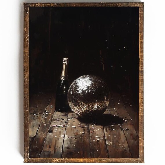 Disco Ball Champagne Bottle on Wood Floor Dark Moody Wall Poster