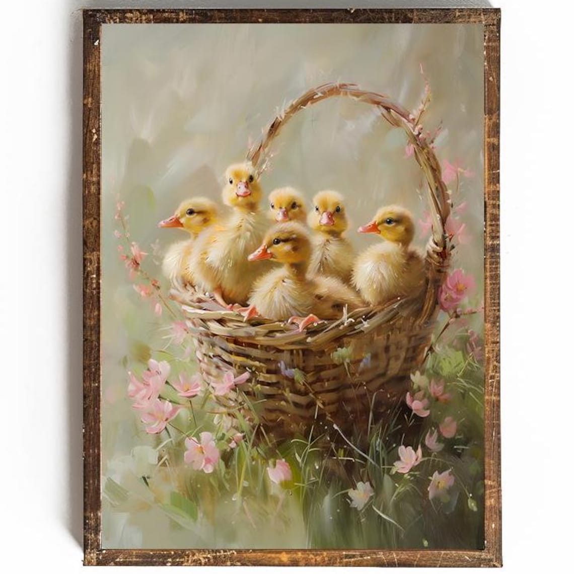 Baby Ducklings in Wicker Basket Spring Floral Painting Poster - Image 3