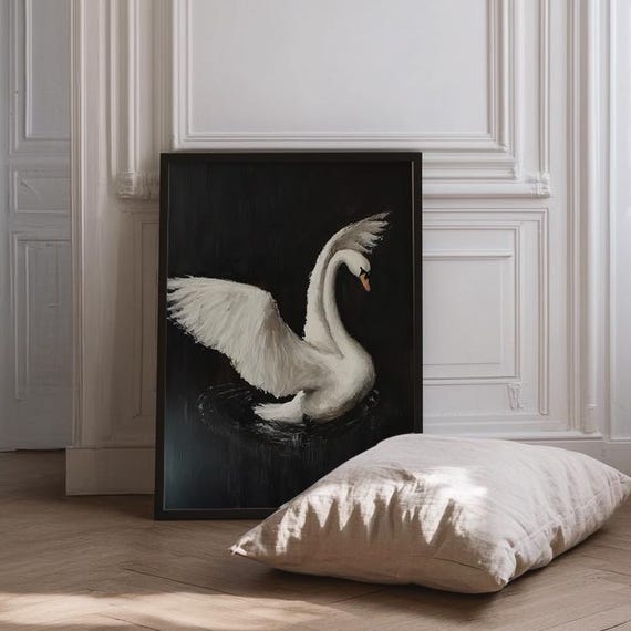 Dark Swan Dark Academia Swan Painting Moody Bathroom Wall Art Moody Decor Vintage Swan Print Black And White Art Cottagecore Print